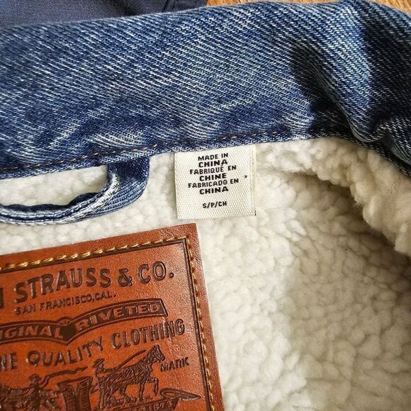 Levi's Premium Sherpa Bomber Jacket Small S Medium Wash Navy Satin 90s Vintage - Picture 13 of 15